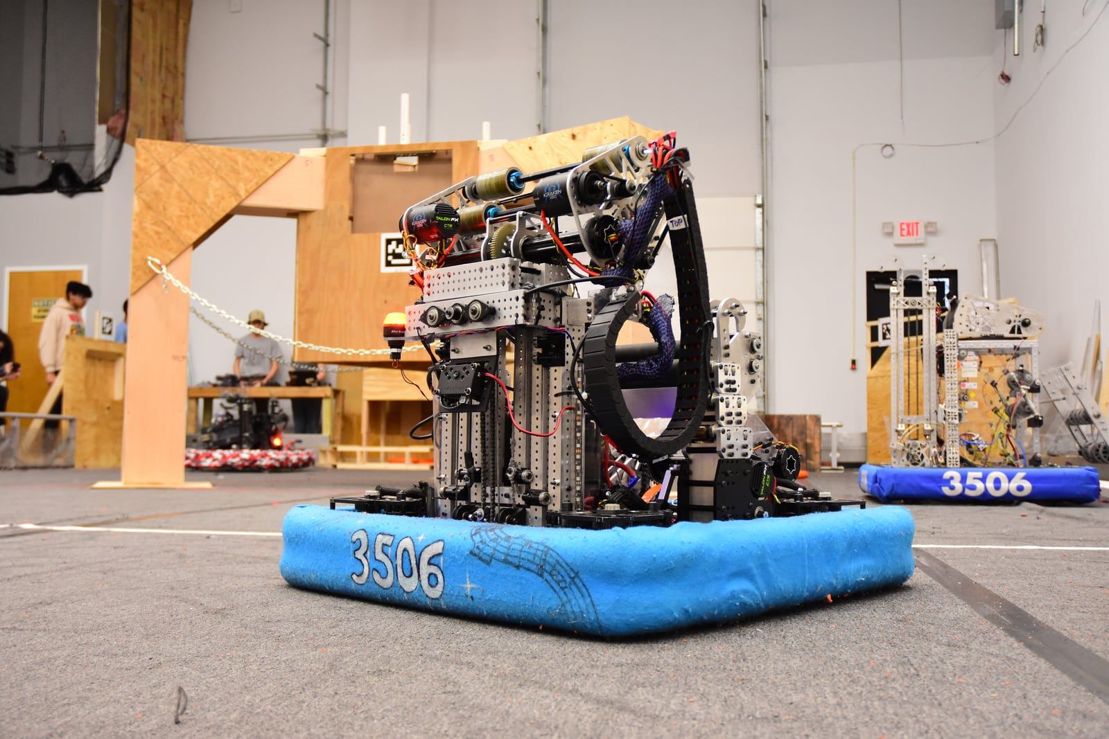Kitty, the 2024 robot, on a cart in the YETI shop